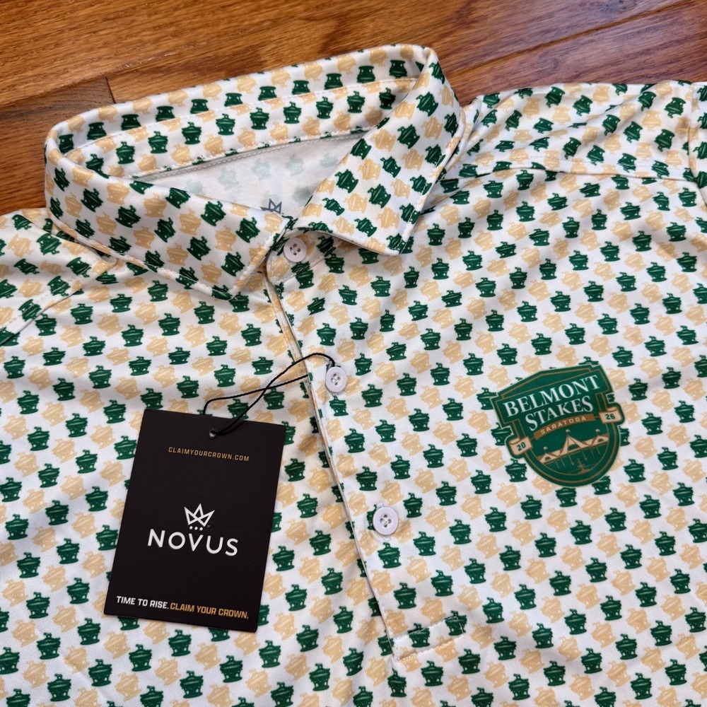 New Belmont Stakes Saratoga Race Track Polo Shirt Mens Small Novus Golf Print